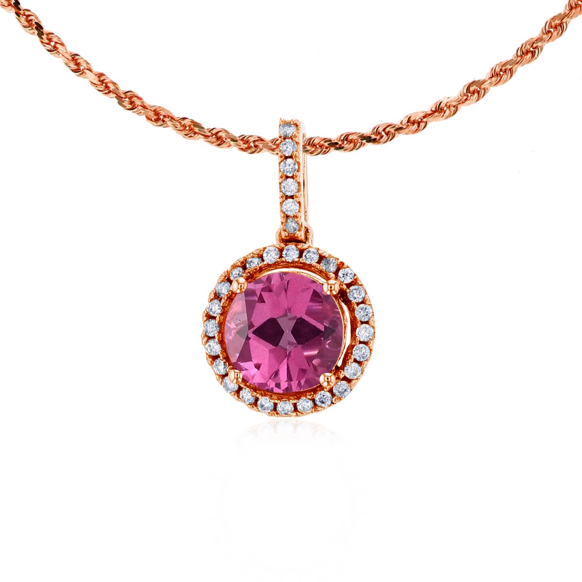 14K Rose Gold 7mm Round Pure Pink & 0.15 CTTW Round Diamonds Halo 18" Rope Chain Necklace