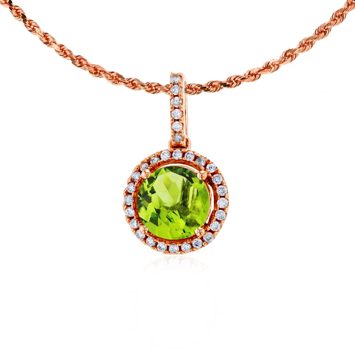 14K Rose Gold 7mm Round Peridot & 0.15 CTTW Round Diamonds Halo 18" Rope Chain Necklace