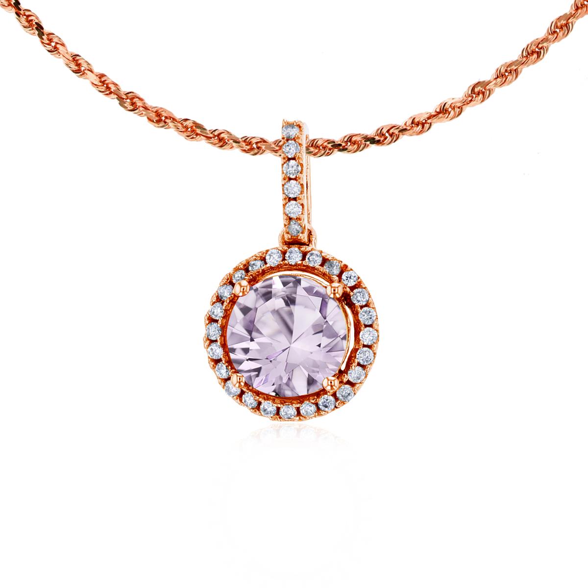 14K Rose Gold 7mm Round Rose De France & 0.15 CTTW Round Diamonds Halo 18" Rope Chain Necklace