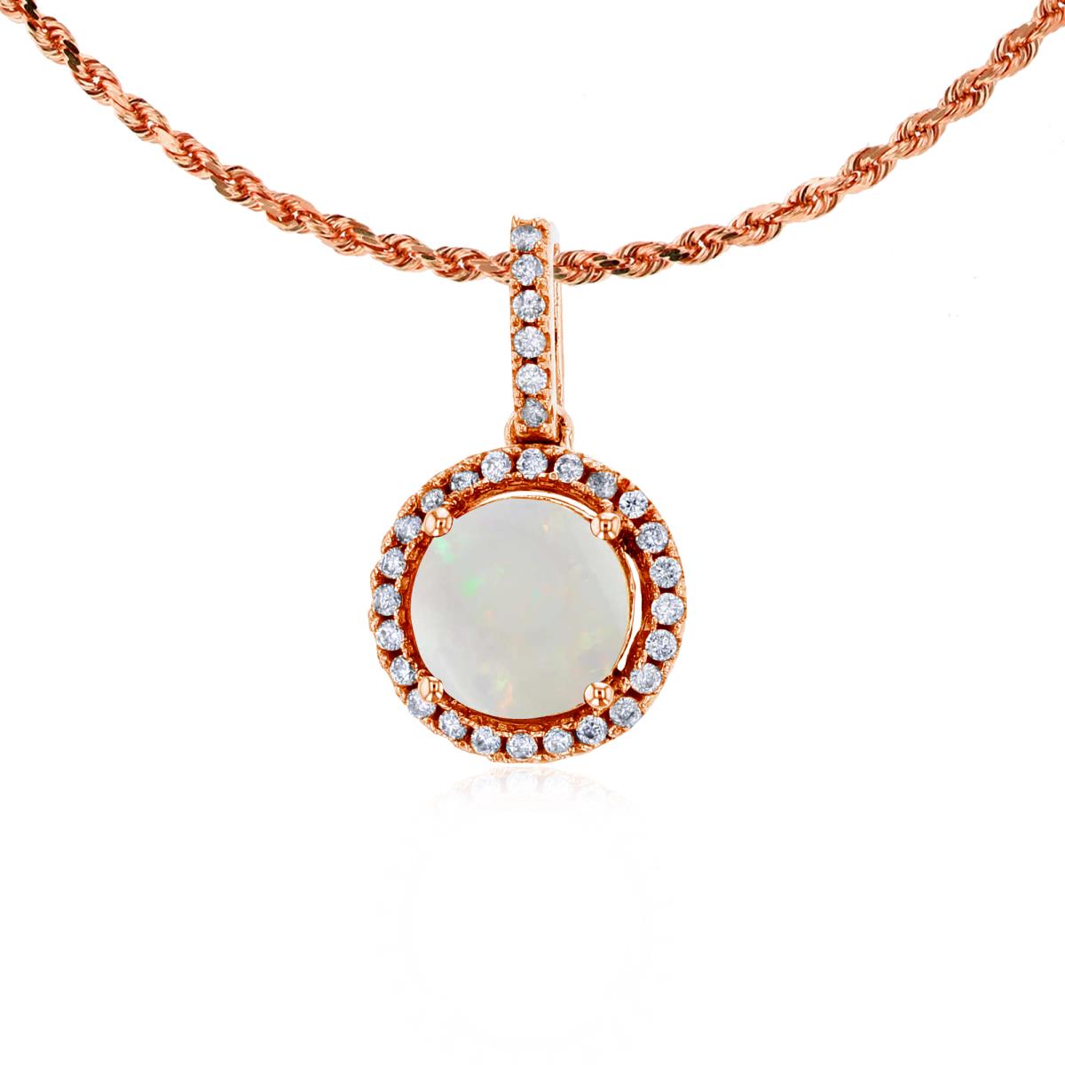 14K Rose Gold 7mm Round Opal & 0.15 CTTW Round Diamonds Halo 18" Rope Chain Necklace