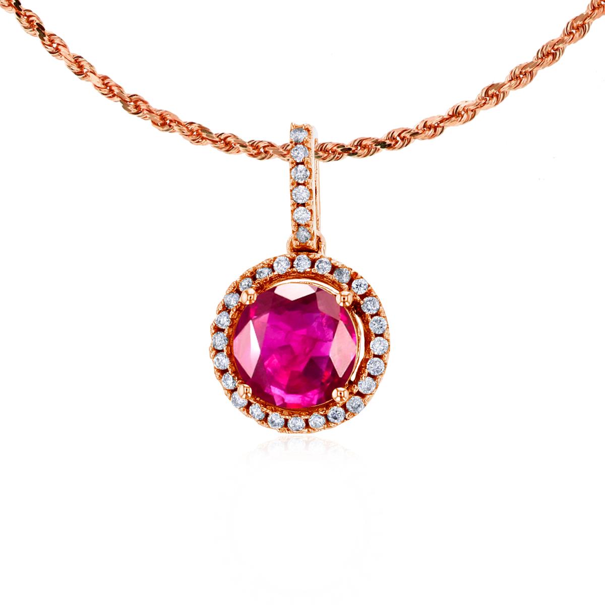 14K Rose Gold 7mm Round Glass Filled Ruby & 0.15 CTTW Round Diamonds Halo 18" Rope Chain Necklace