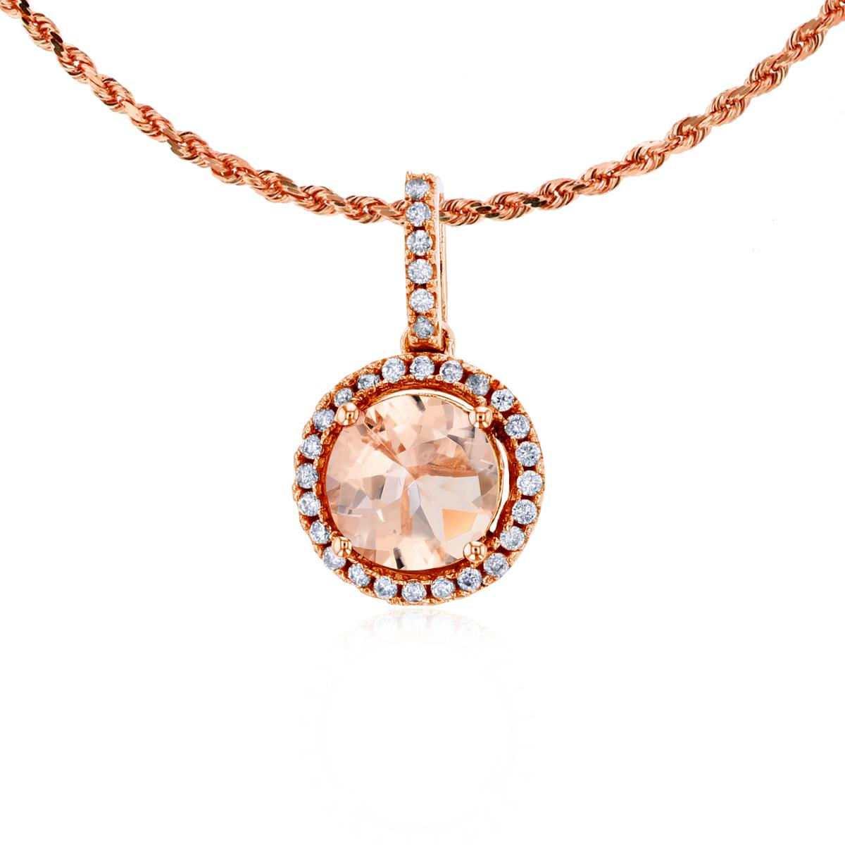 14K Rose Gold 7mm Round Morganite & 0.15 CTTW Round Diamonds Halo 18" Rope Chain Necklace