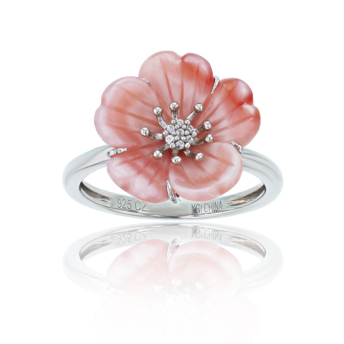 Sterling Silver Rhodium Rnd CZ & Pink MOP Flower Ring