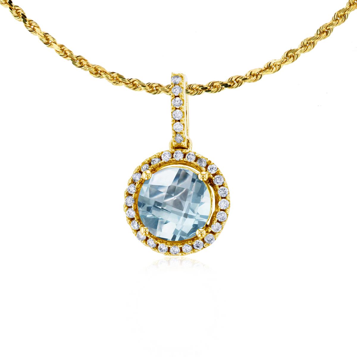 10K Yellow Gold 7mm Round Aquamarine & 0.15 CTTW Round Diamonds Halo 18" Rope Chain Necklace