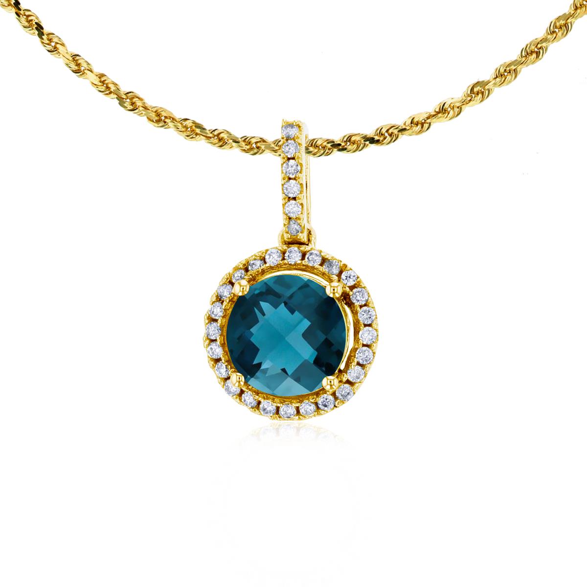 10K Yellow Gold 7mm Round London Blue Topaz & 0.15 CTTW Round Diamonds Halo 18" Rope Chain Necklace