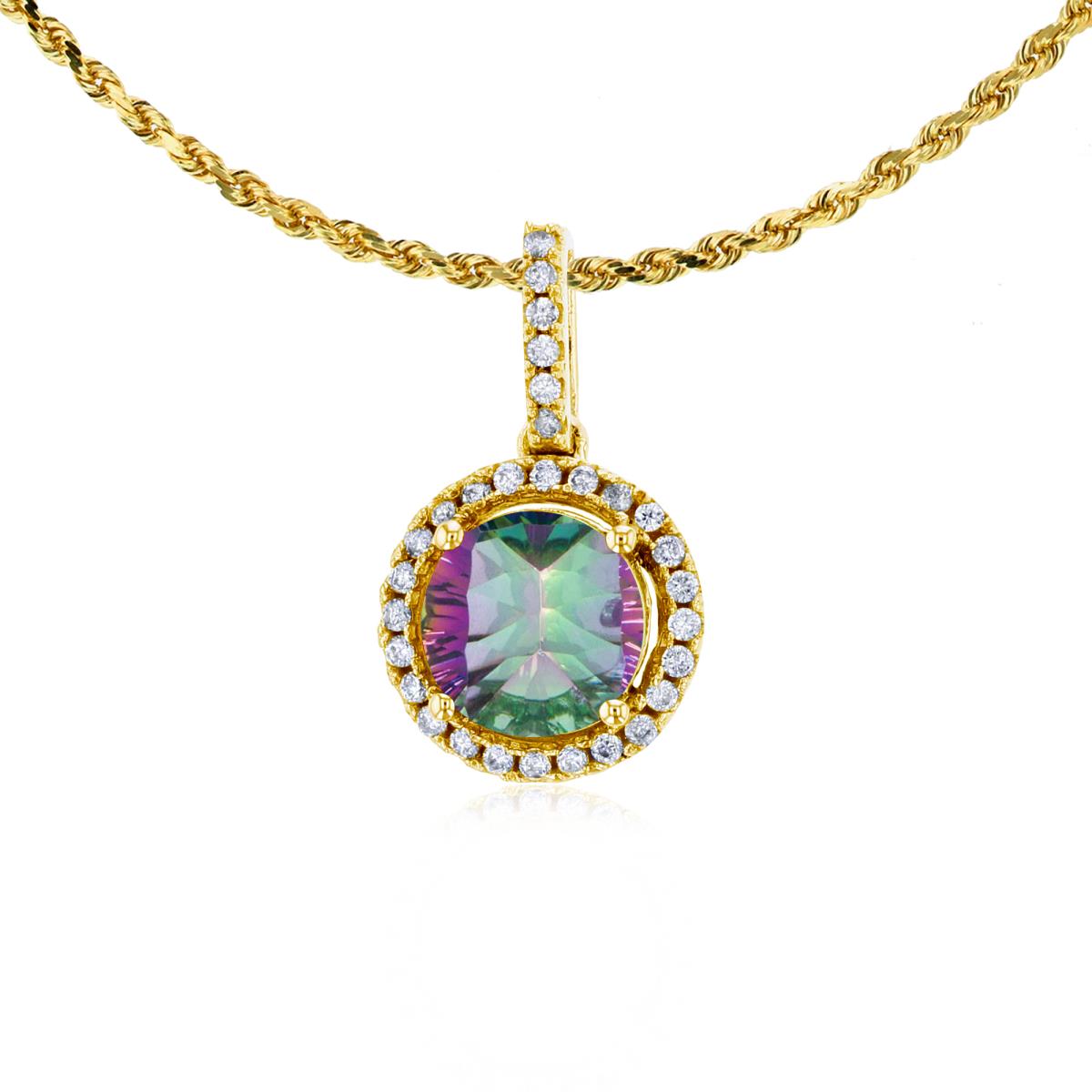 10K Yellow Gold 7mm Round Mystic Green Topaz & 0.15 CTTW Round Diamonds Halo 18" Rope Chain Necklace