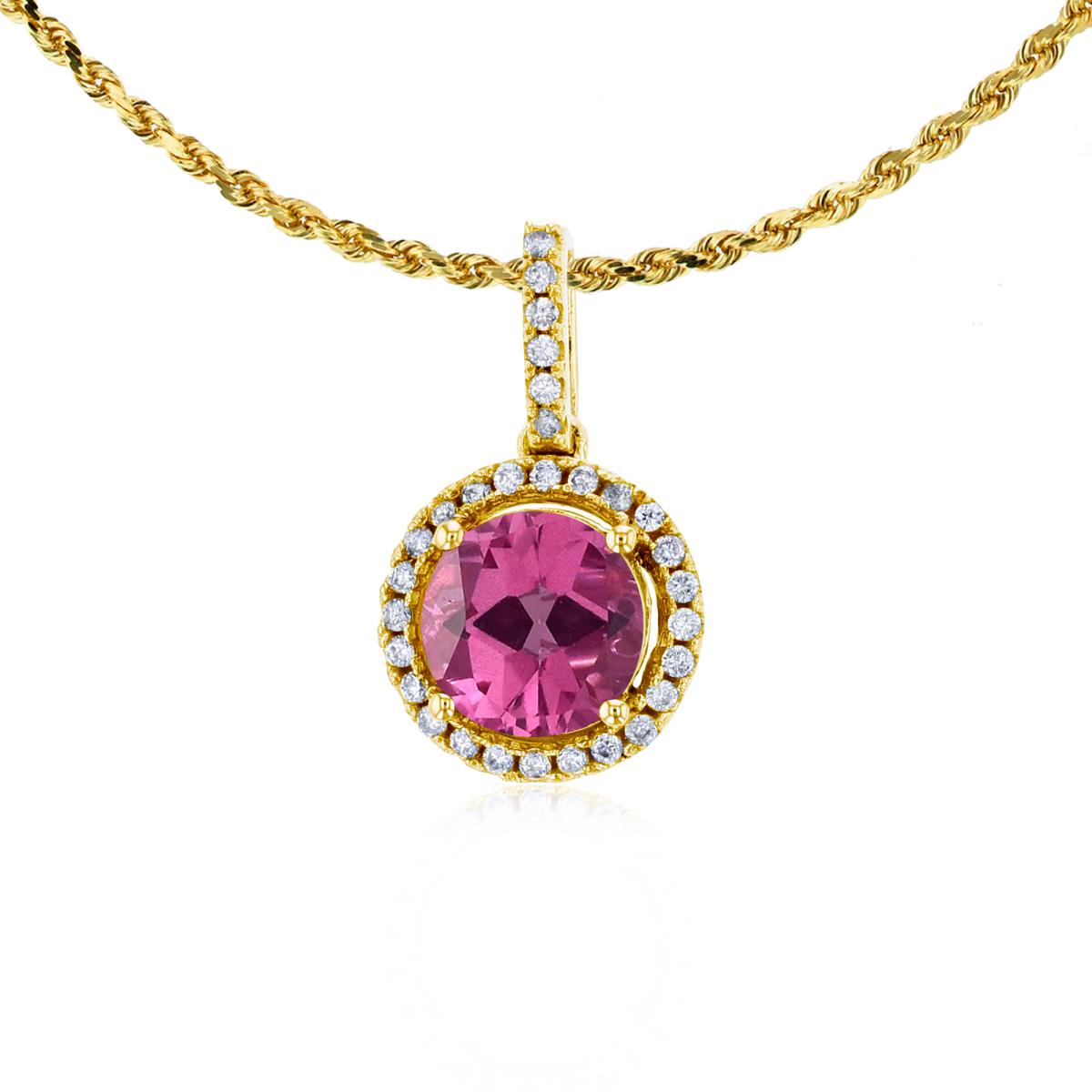 10K Yellow Gold 7mm Round Pure Pink & 0.15 CTTW Round Diamonds Halo 18" Rope Chain Necklace