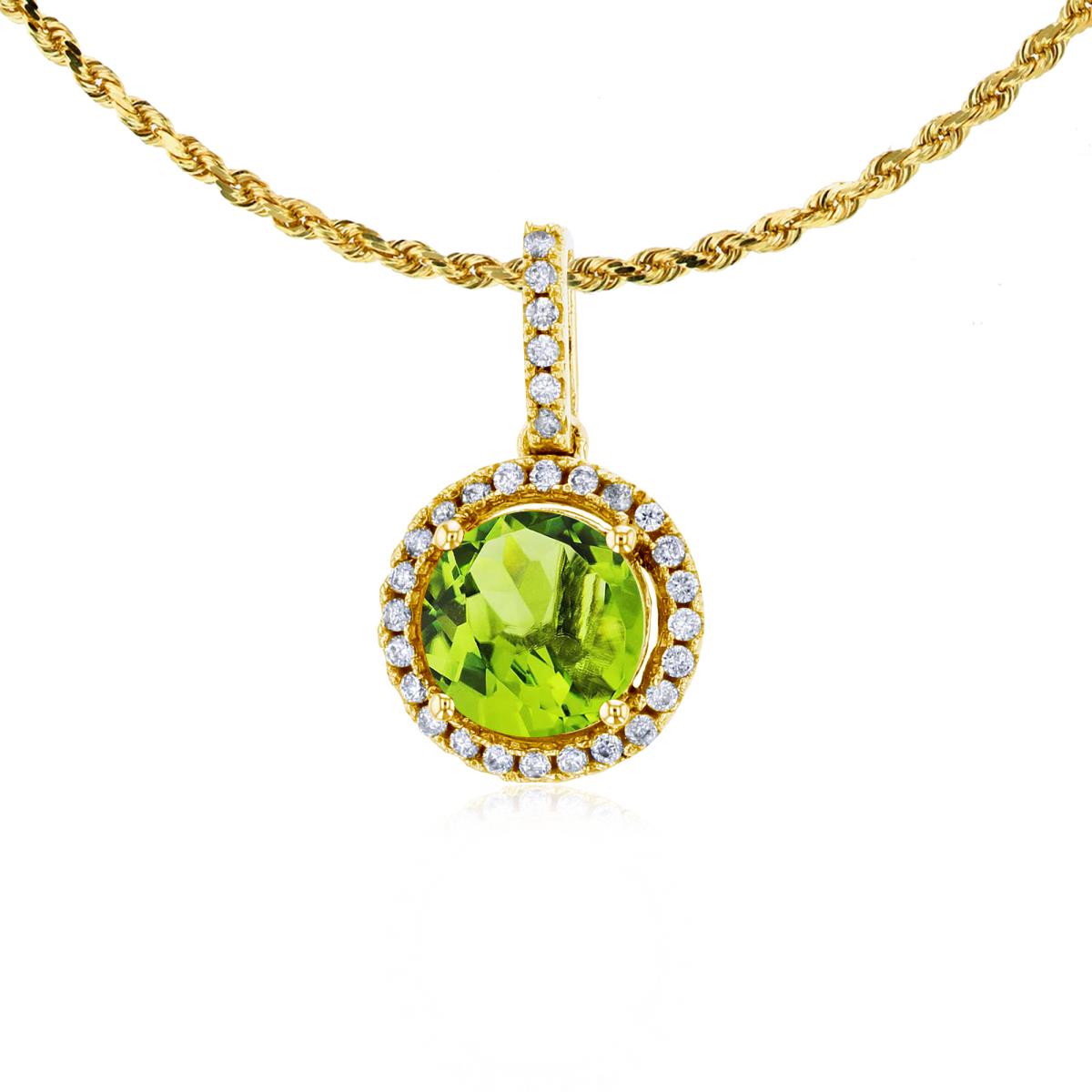 10K Yellow Gold 7mm Round Peridot & 0.15 CTTW Round Diamonds Halo 18" Rope Chain Necklace
