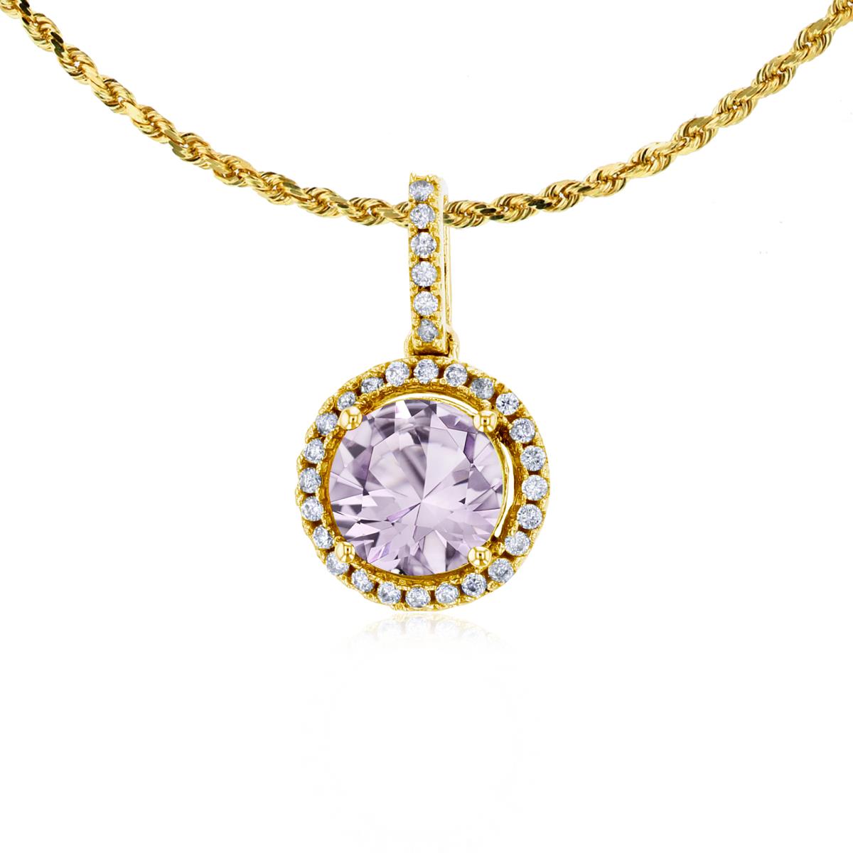 10K Yellow Gold 7mm Round Rose De France & 0.15 CTTW Round Diamonds Halo 18" Rope Chain Necklace