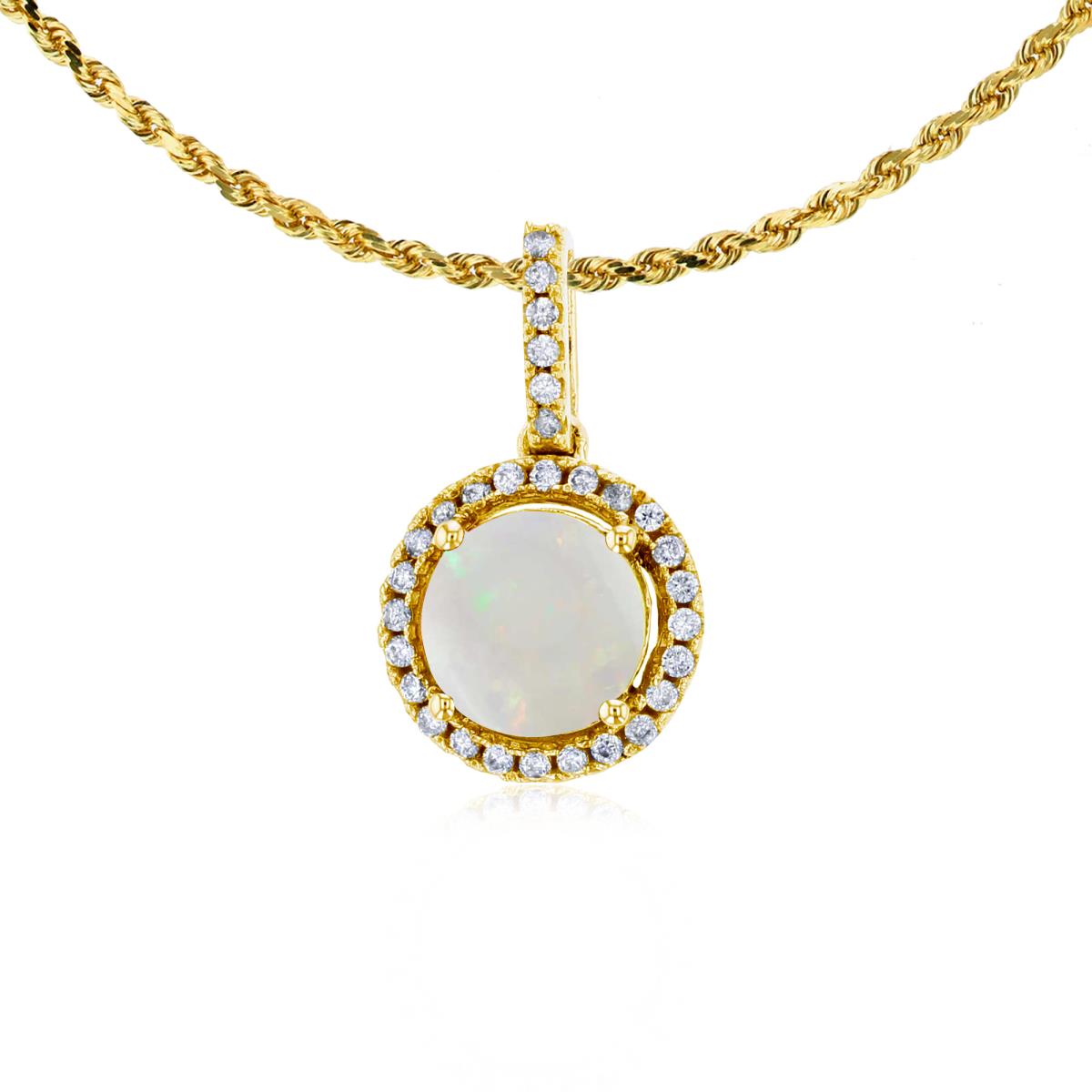10K Yellow Gold 7mm Round Opal & 0.15 CTTW Round Diamonds Halo 18" Rope Chain Necklace