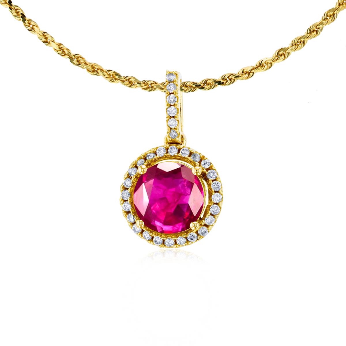 10K Yellow Gold 7mm Round Glass Filled Ruby & 0.15 CTTW Round Diamonds Halo 18" Rope Chain Necklace