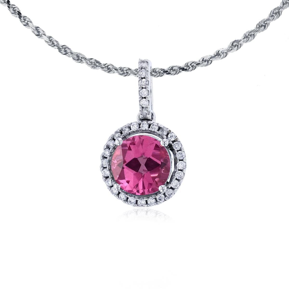 10K White Gold 7mm Round Pure Pink & 0.15 CTTW Round Diamonds Halo 18" Rope Chain Necklace