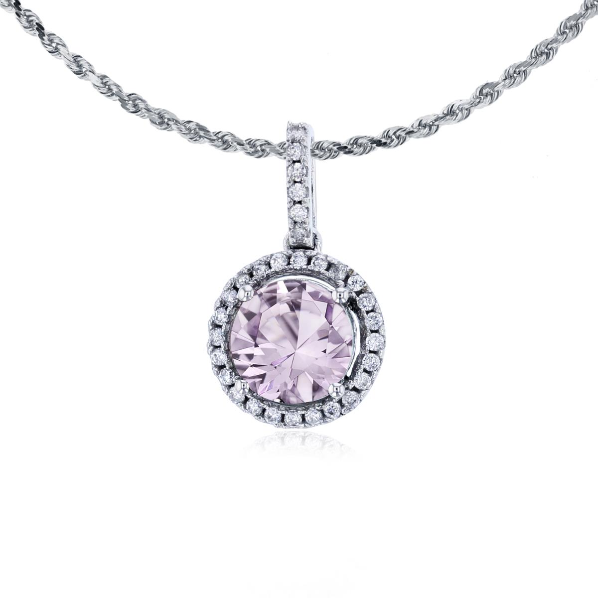 10K White Gold 7mm Round Rose De France & 0.15 CTTW Round Diamonds Halo 18" Rope Chain Necklace