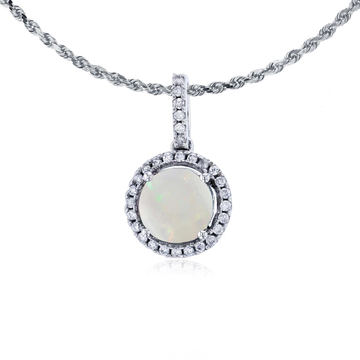 10K White Gold 7mm Round Opal & 0.15 CTTW Round Diamonds Halo 18" Rope Chain Necklace