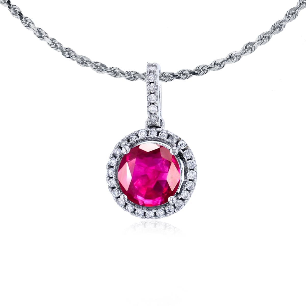 10K White Gold 7mm Round Glass Filled Ruby & 0.15 CTTW Round Diamonds Halo 18" Rope Chain Necklace