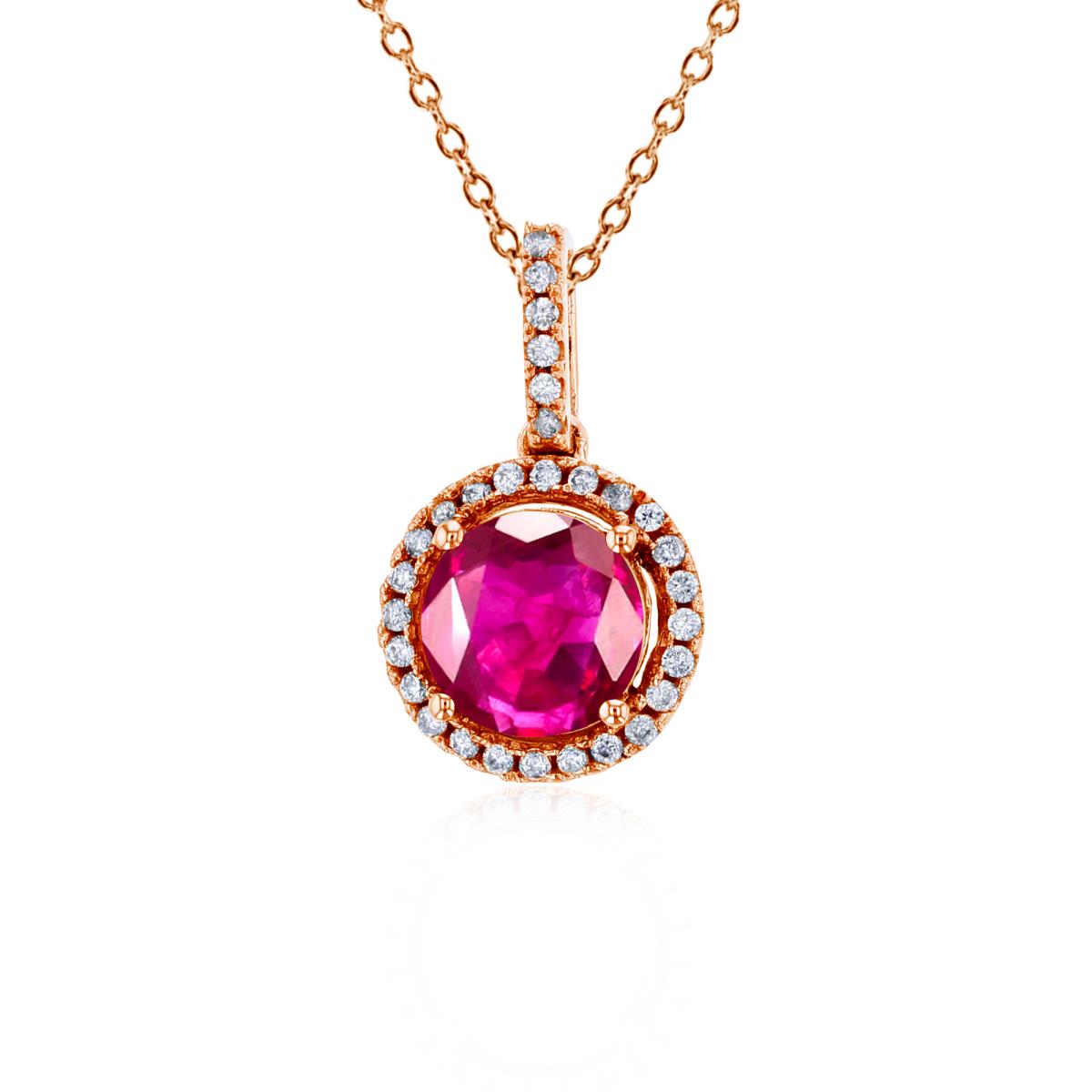 Sterling Silver Rose 7mm Round Glass Filled Ruby & 1mm Round Cr White Sapphire Halo 18" Necklace