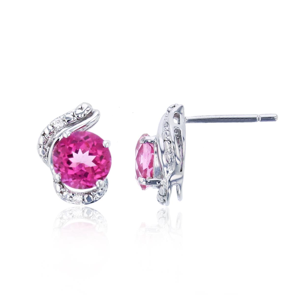 Sterling Silver Rhodium 0.02 CTTW Rnd Diamonds & 6mm Rnd Pink Topaz Wrapped Stud Earring