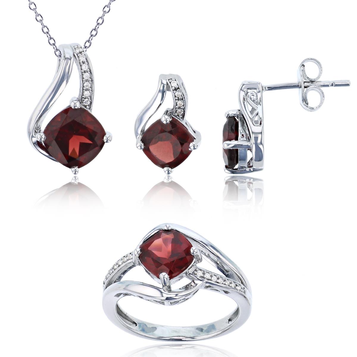 Sterling Silver Rhodium 0.09 CTTW Diamond & Cush Garnet 3-Units (Ring/18" Necklace&Earring) Set