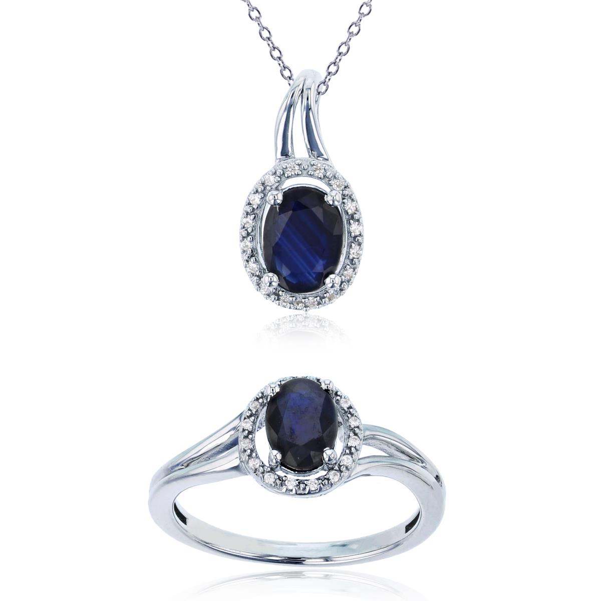Sterling Silver Rhodium 0.10 CTTW Diamond & Ov Blue Sapphire 2-pcs (Ring & 18" Necklace) Halo Set