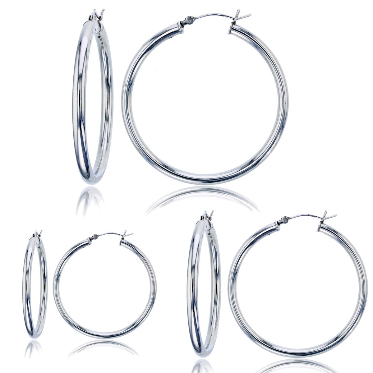 Sterling Silver Rhodium Polished 3x15; 3x25; 3x40mm Hoop Earring Set