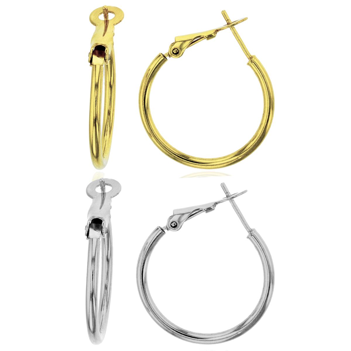 Sterling Silver Yellow & Rhodium Polished 2x25mm Hoop Earring Set