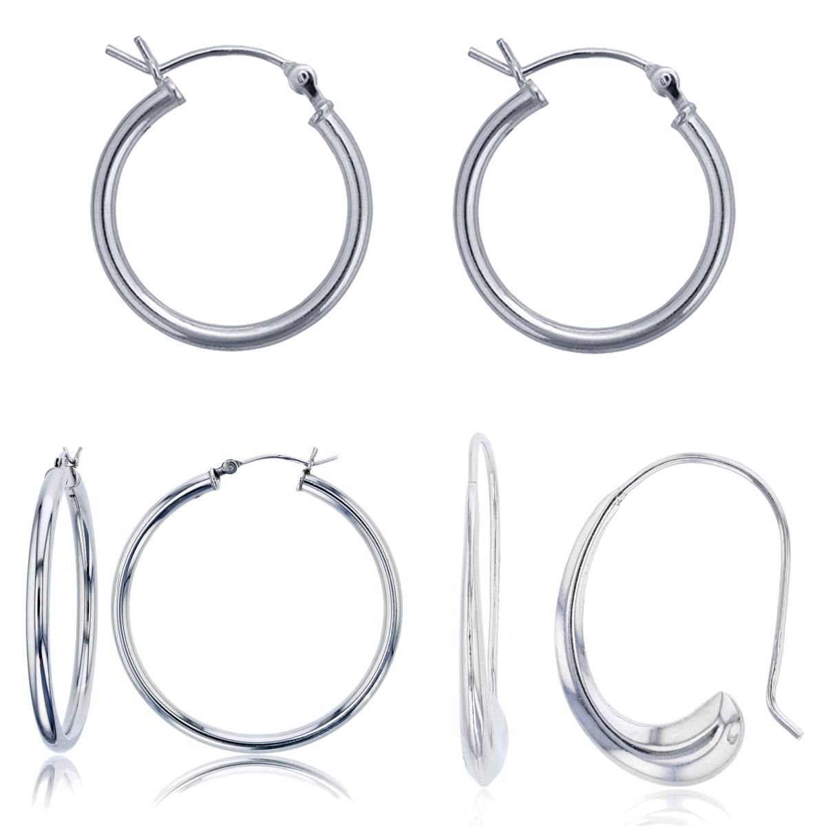 Sterling Silver Rhodium Polished 2x25mm;3x25mm & FishHook Hoop Earring Set
