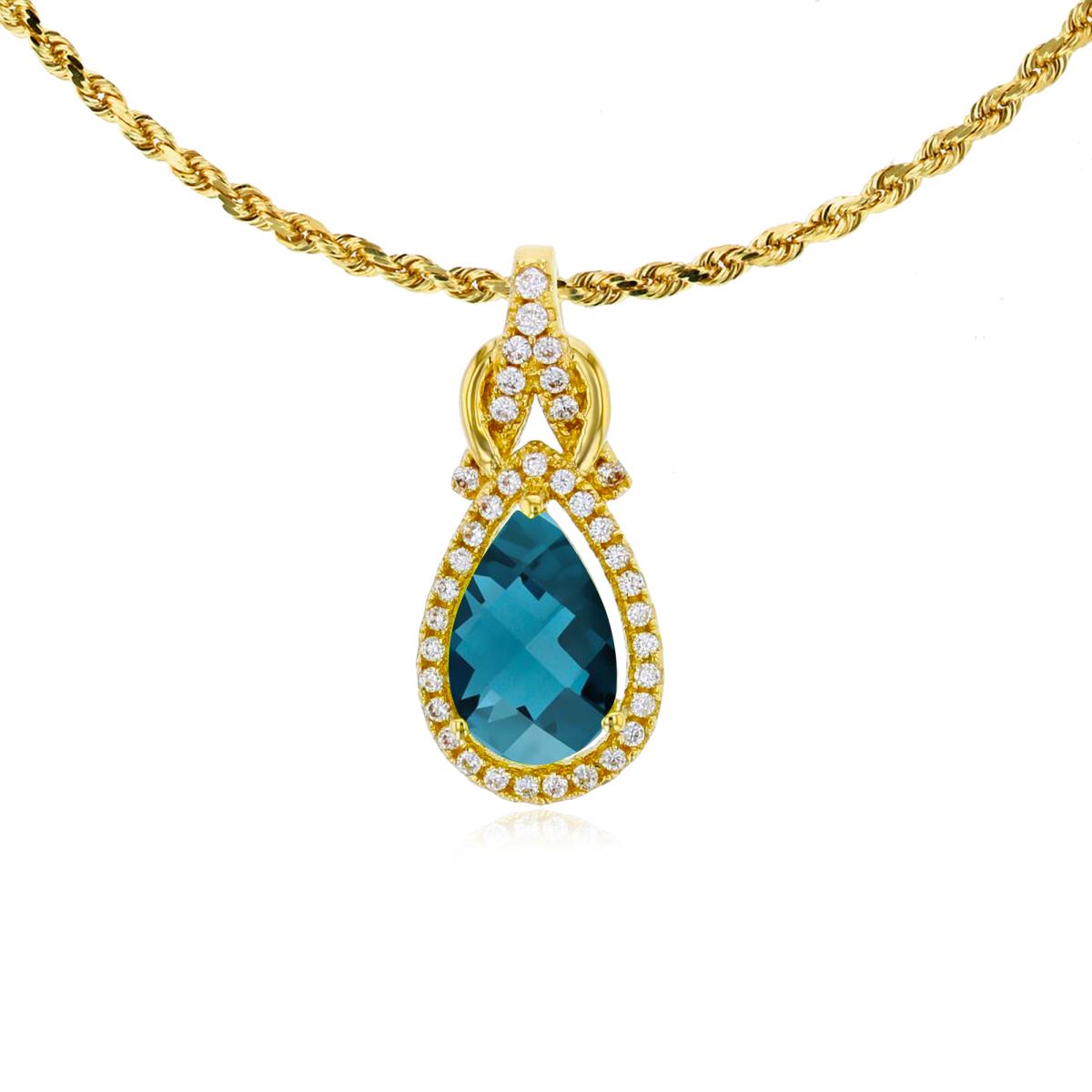 14K Yellow Gold 8x5mm Pear Cut London Blue Topaz & 0.11 CTTW Rnd Diamond Knot 18" Rope Chain Necklace