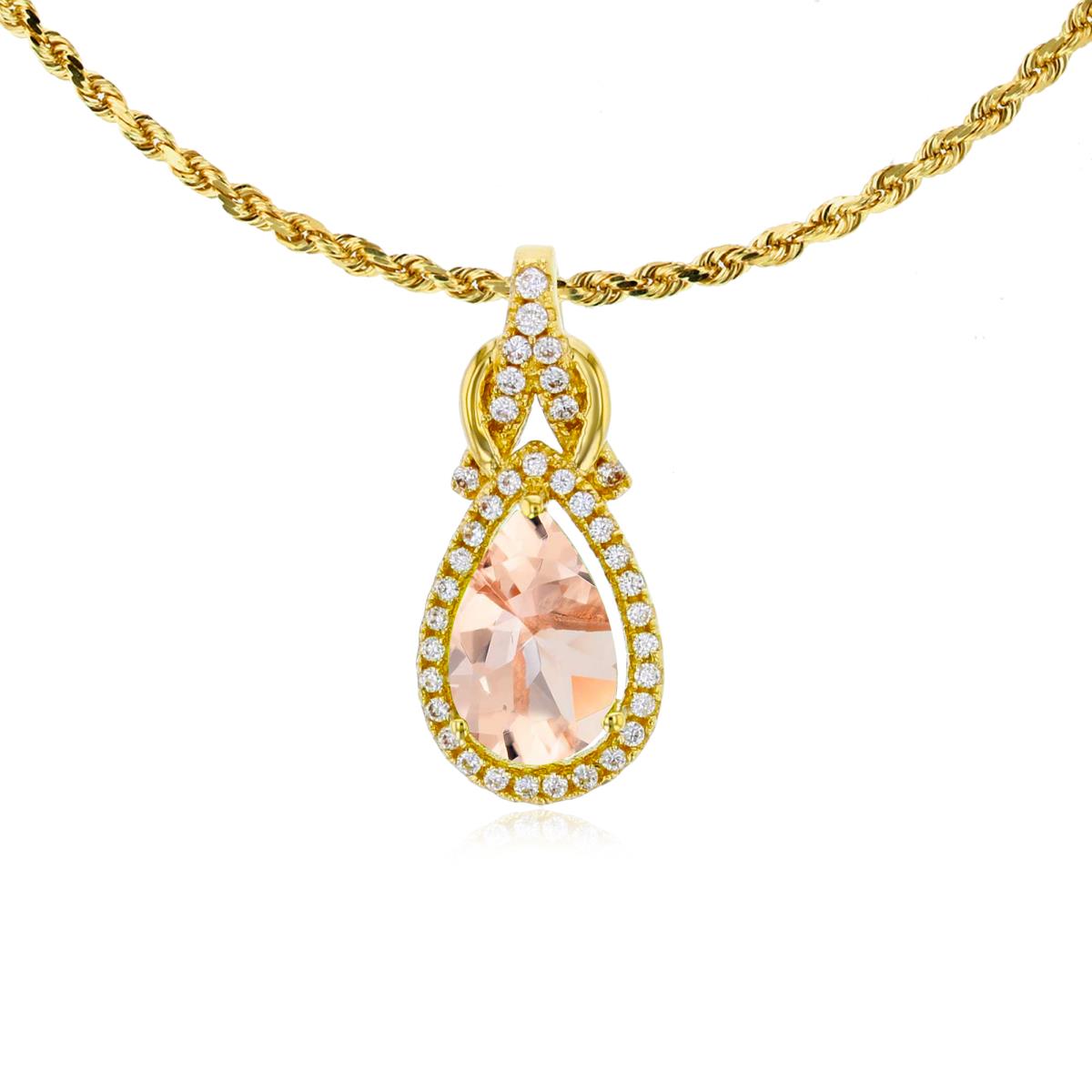 14K Yellow Gold 8x5mm Pear Cut Morganite & 0.11 CTTW Rnd Diamond Knot 18" Rope Chain Necklace