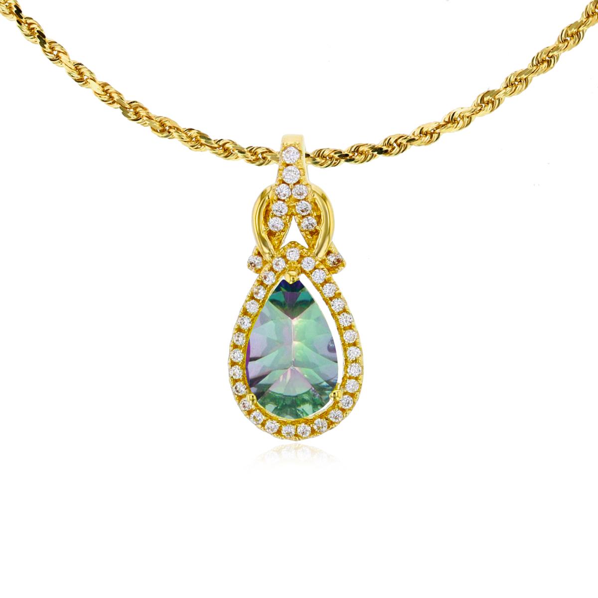 14K Yellow Gold 8x5mm Pear Cut Mystic Green Topaz & 0.11 CTTW Rnd Diamond Knot 18" Rope Chain Necklace