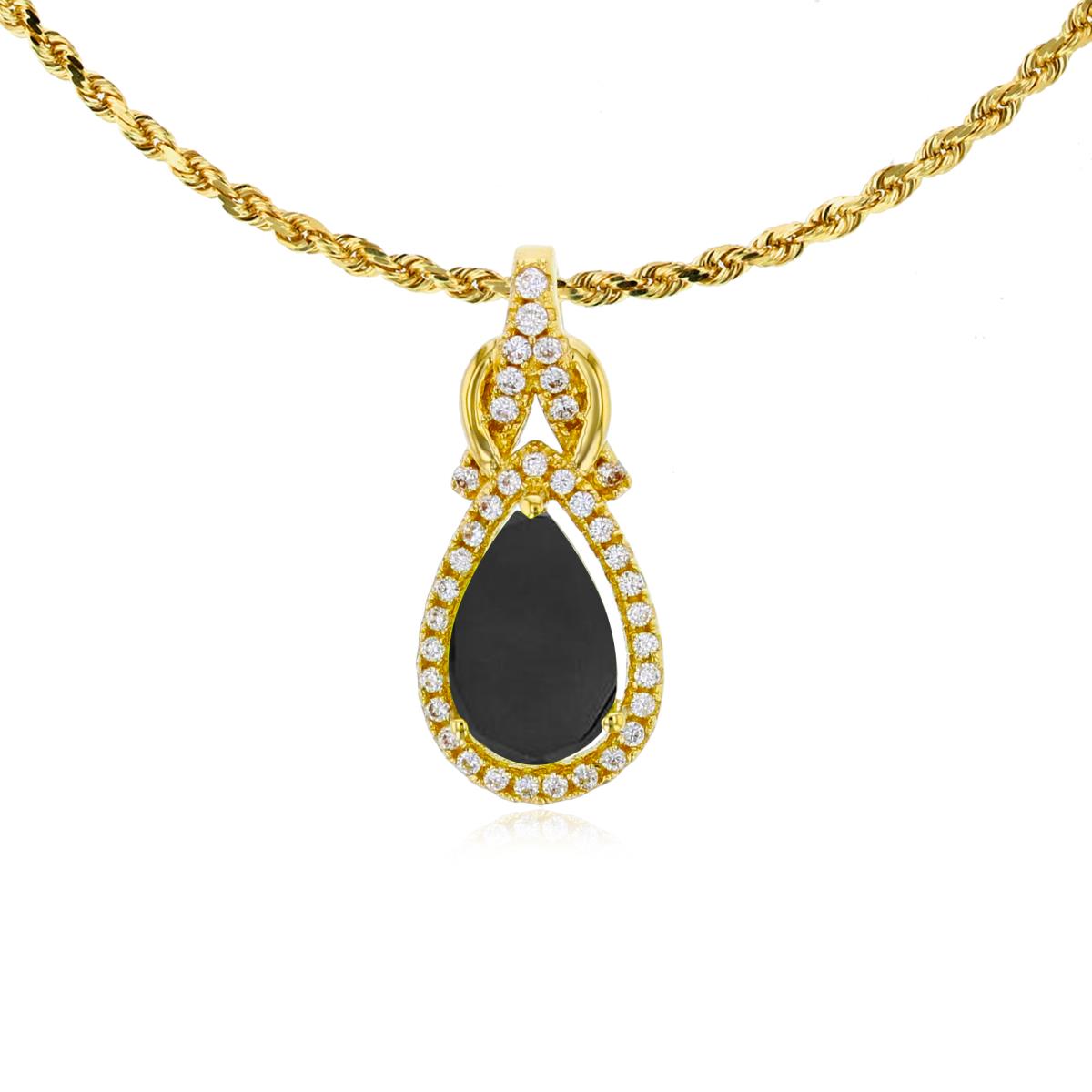14K Yellow Gold 8x5mm Pear Cut Onyx & 0.11 CTTW Rnd Diamond Knot 18" Rope Chain Necklace