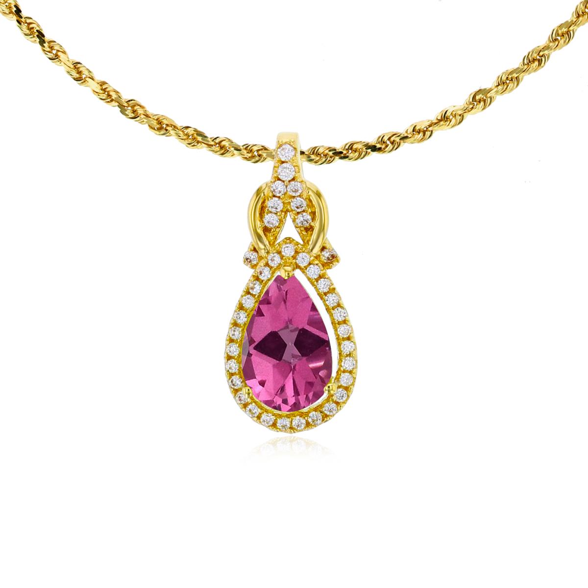 14K Yellow Gold 8x5mm Pear Cut Pure Pink & 0.11 CTTW Rnd Diamond Knot 18" Rope Chain Necklace