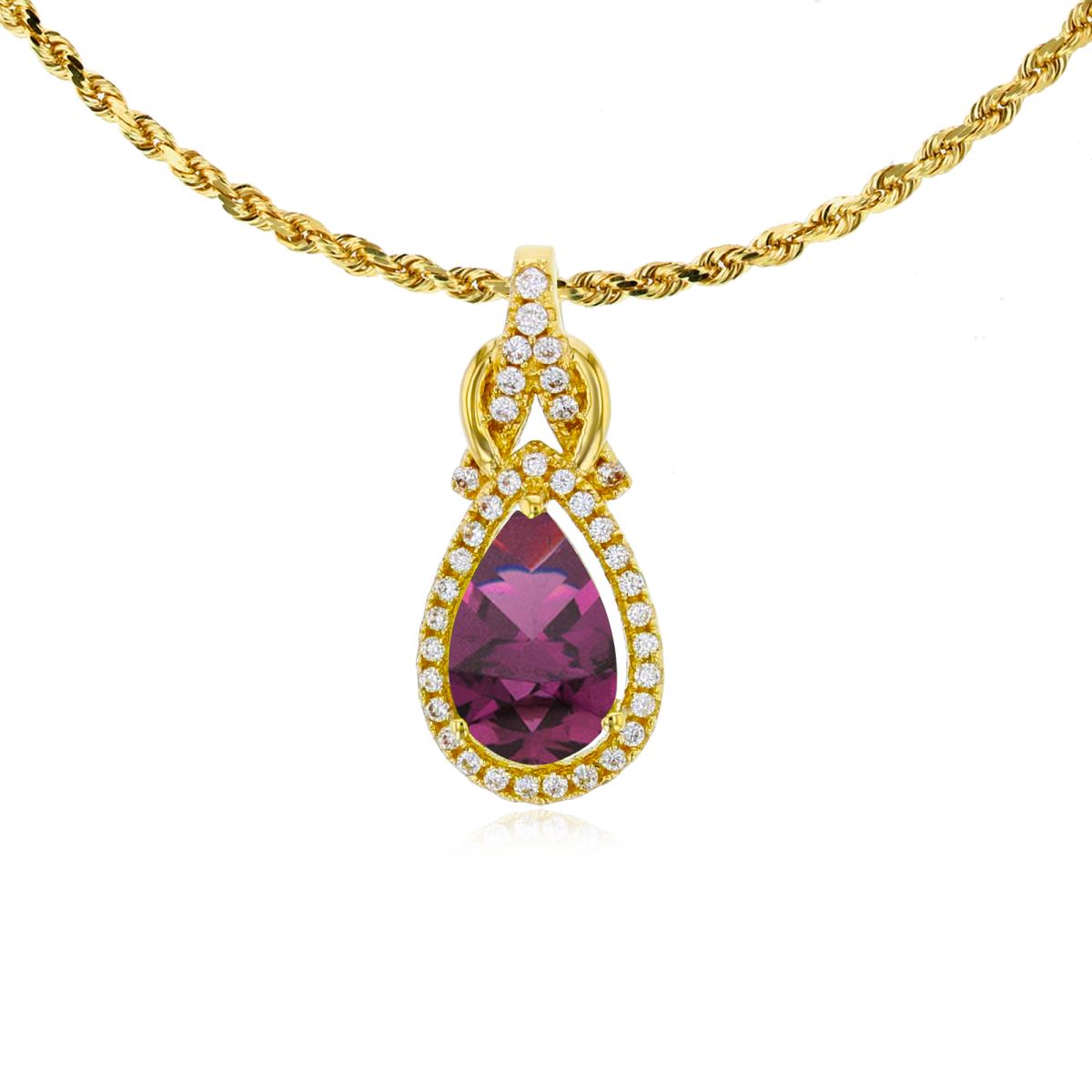 14K Yellow Gold 8x5mm Pear Cut Rhodolite & 0.11 CTTW Rnd Diamond Knot 18" Rope Chain Necklace