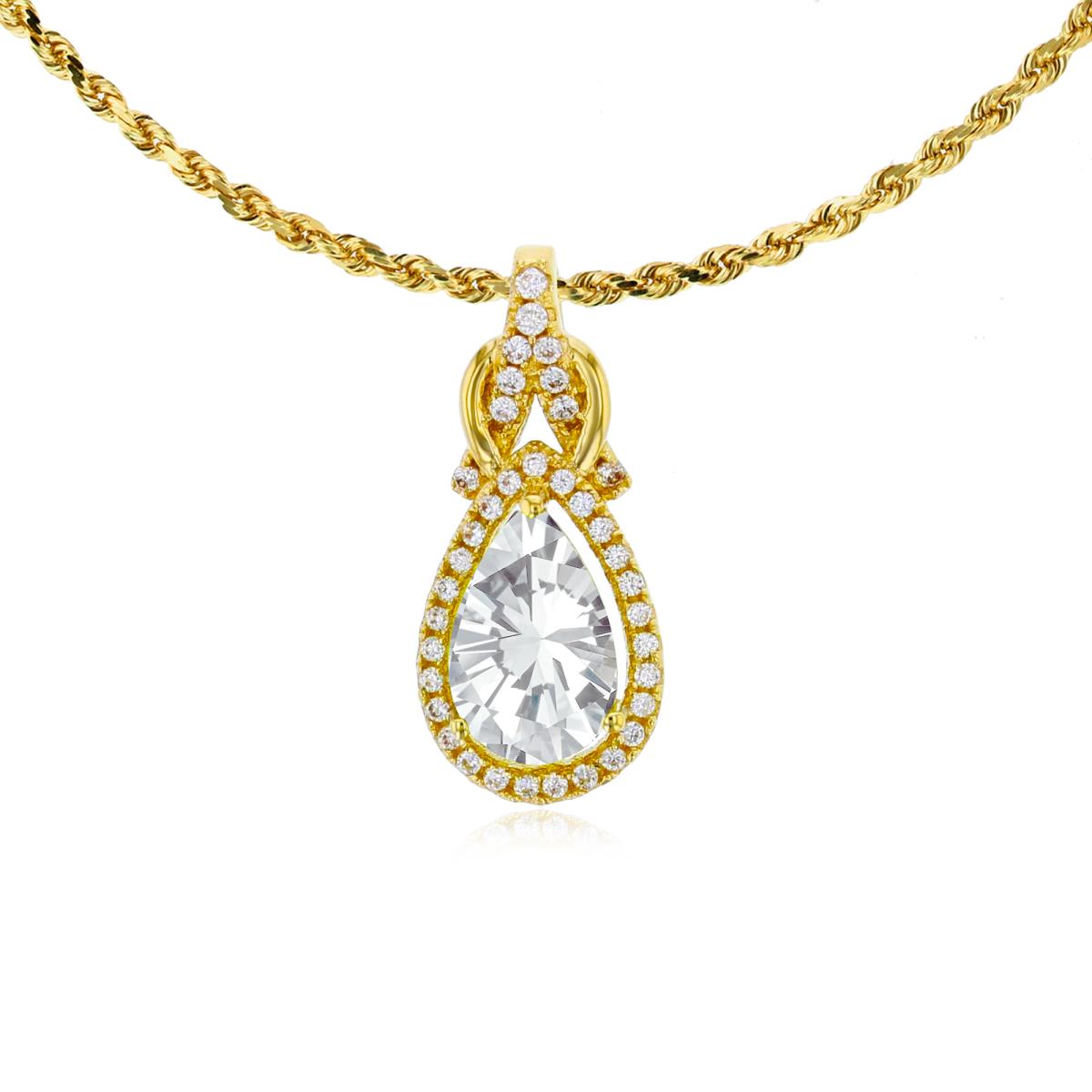 14K Yellow Gold 8x5mm Pear Cut White Topaz & 0.11 CTTW Rnd Diamond Knot 18" Rope Chain Necklace