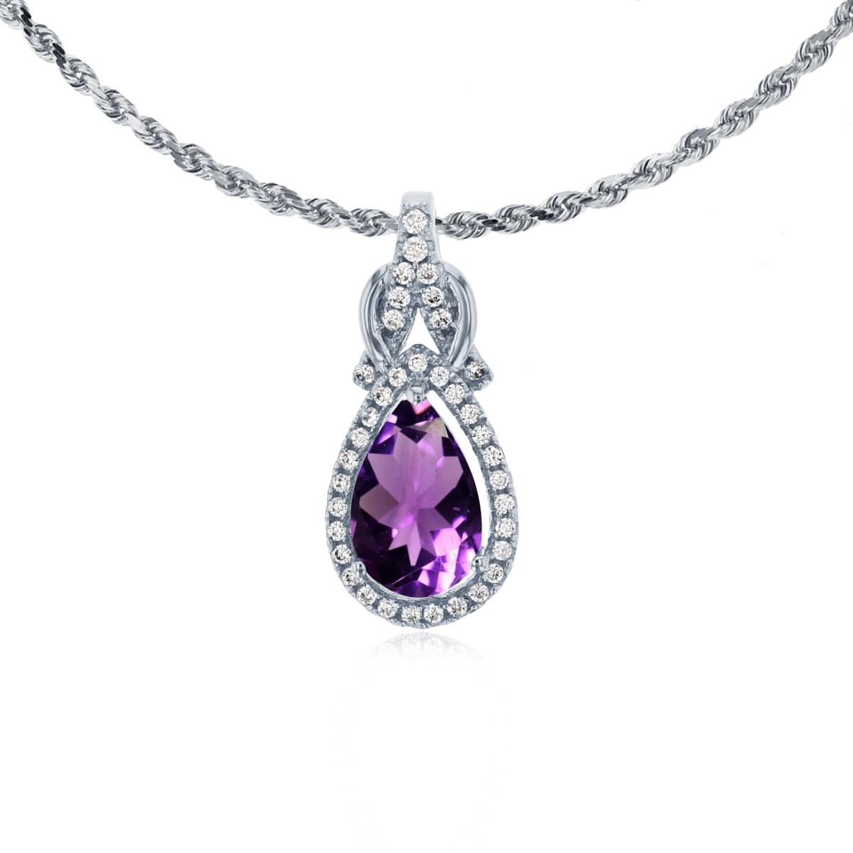 14K White Gold 8x5mm Pear Cut Amethyst & 0.11 CTTW Rnd Diamond Knot 18" Rope Chain Necklace