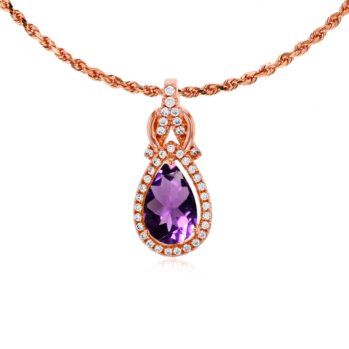 14K Rose Gold 8x5mm Pear Cut Amethyst & 0.11 CTTW Rnd Diamond Knot 18" Rope Chain Necklace