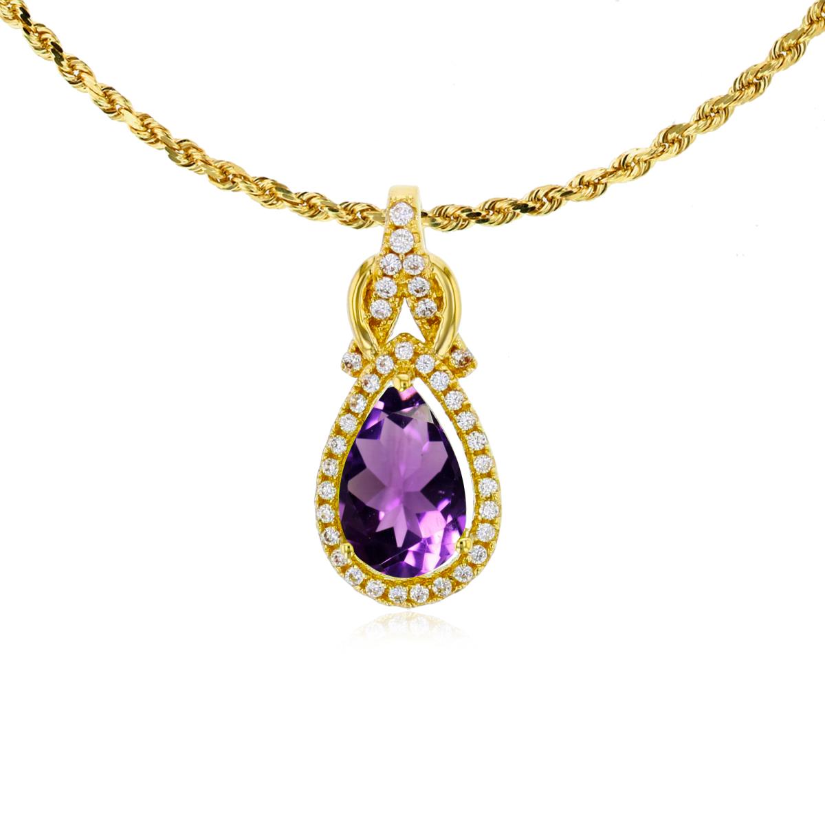 10K Yellow Gold 8x5mm Pear Cut Amethyst & 0.11 CTTW Rnd Diamond Knot 18" Rope Chain Necklace