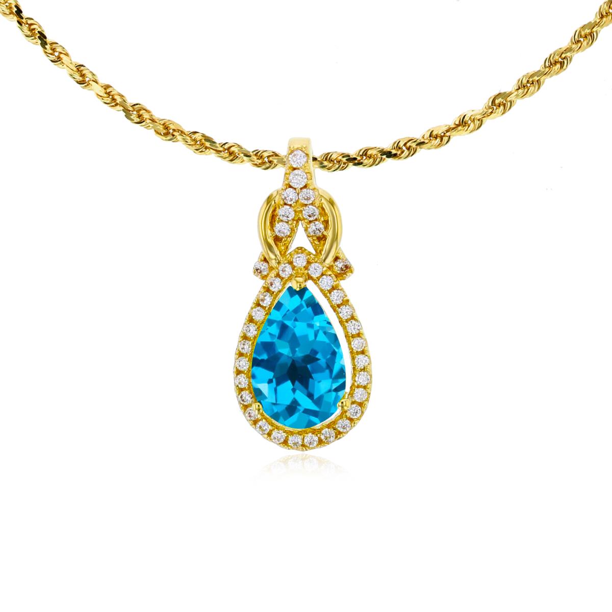 10K Yellow Gold 8x5mm Pear Cut Swiss Blue Topaz & 0.11 CTTW Rnd Diamond Knot 18" Rope Chain Necklace