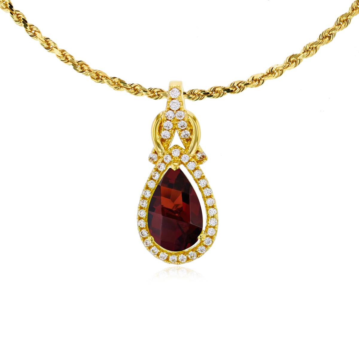 10K Yellow Gold 8x5mm Pear Cut Garnet & 0.11 CTTW Rnd Diamond Knot 18" Rope Chain Necklace