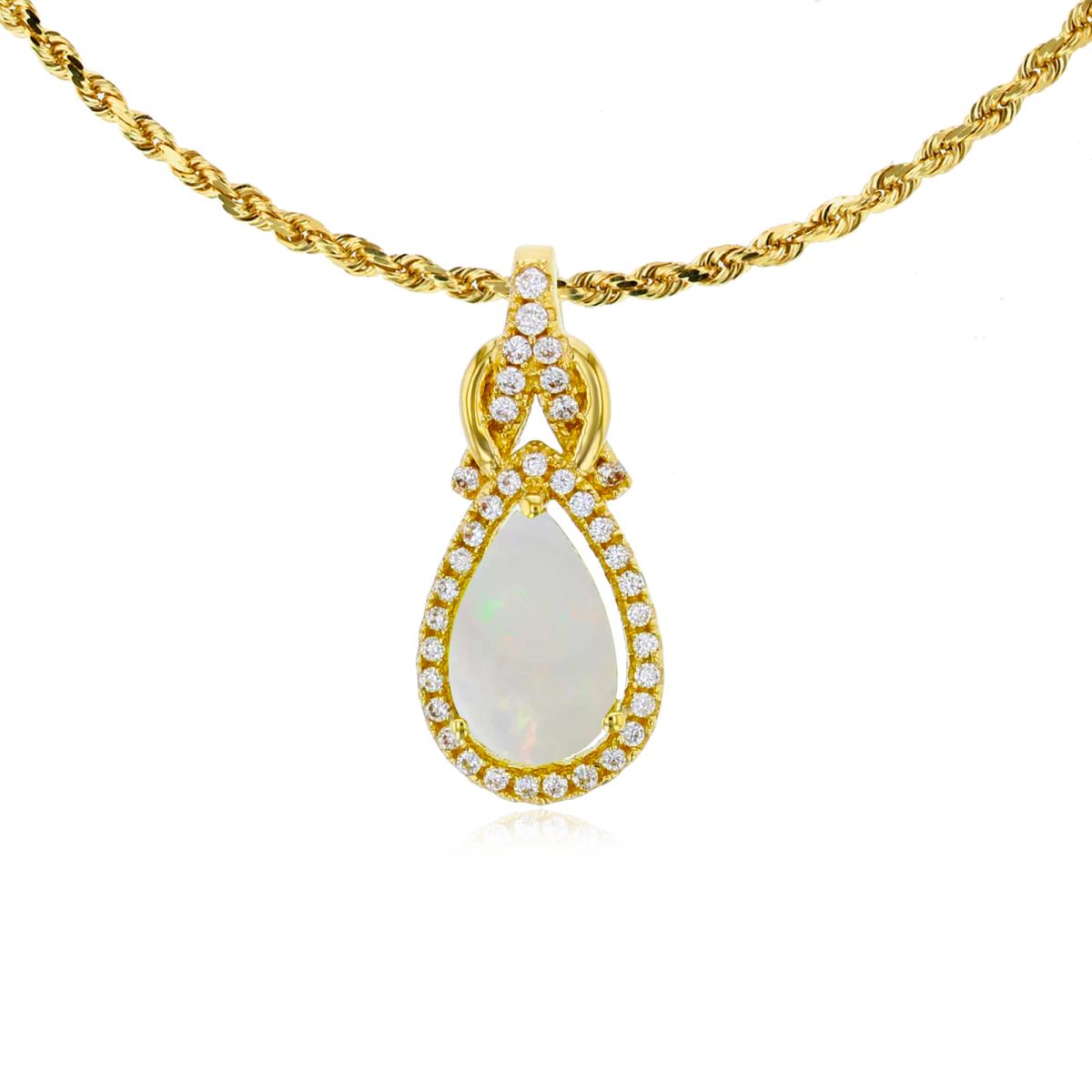10K Yellow Gold 8x5mm Pear Cut Opal & 0.11 CTTW Rnd Diamond Knot 18" Rope Chain Necklace
