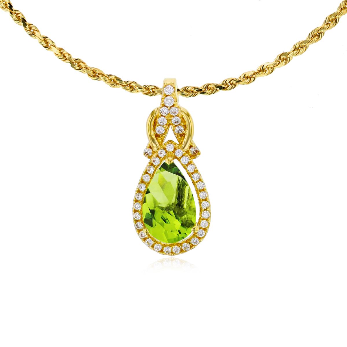 10K Yellow Gold 8x5mm Pear Cut Peridot & 0.11 CTTW Rnd Diamond Knot 18" Rope Chain Necklace
