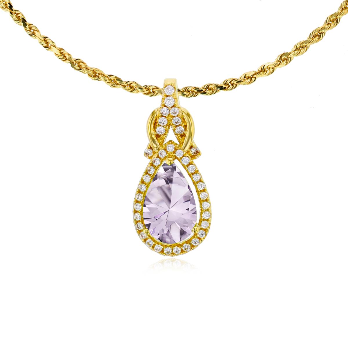 10K Yellow Gold 8x5mm Pear Cut Rose De France & 0.11 CTTW Rnd Diamond Knot 18" Rope Chain Necklace