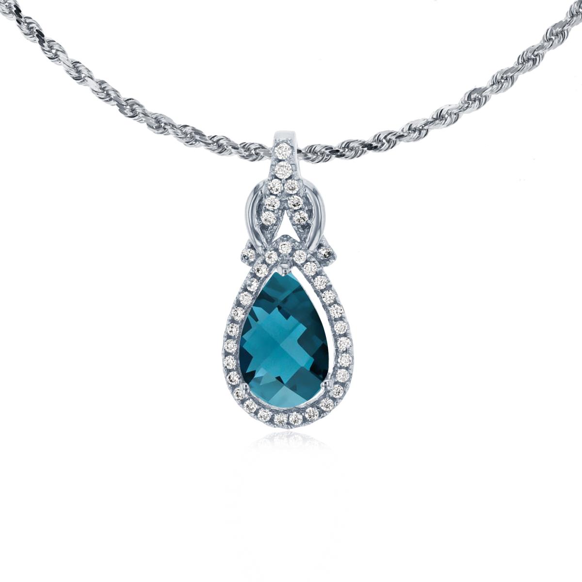 10K White Gold 8x5mm Pear Cut London Blue Topaz & 0.11 CTTW Rnd Diamond Knot 18" Rope Chain Necklace