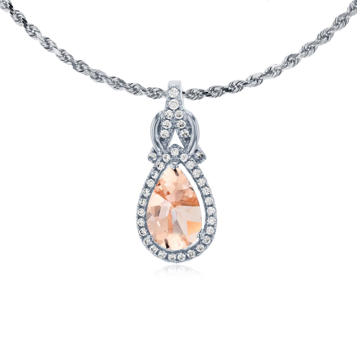 10K White Gold 8x5mm Pear Cut Morganite & 0.11 CTTW Rnd Diamond Knot 18" Rope Chain Necklace