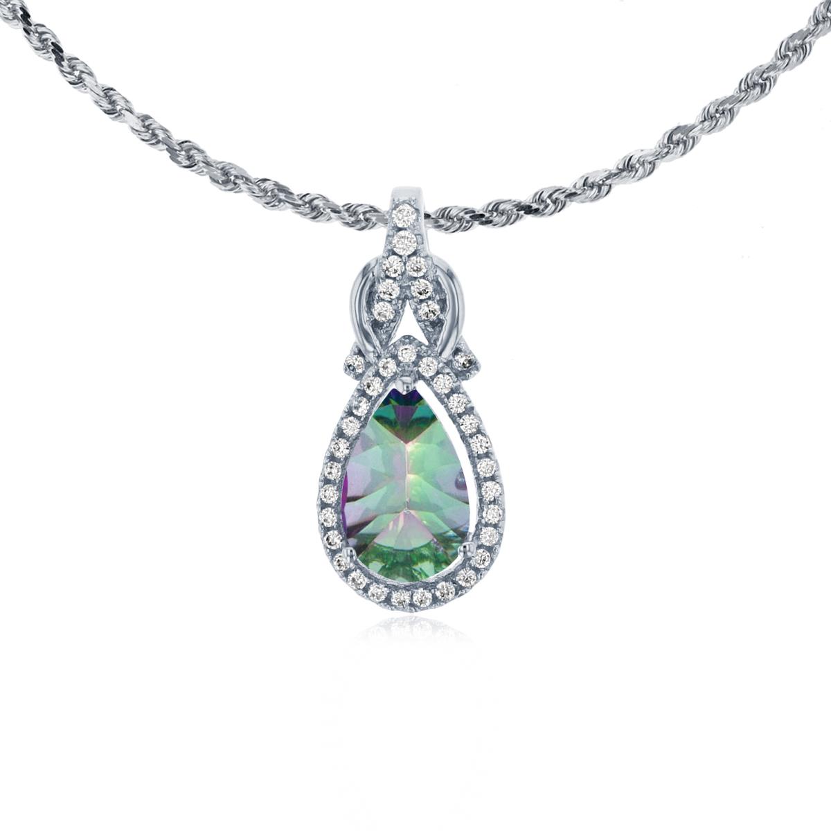10K White Gold 8x5mm Pear Cut Mystic Green Topaz & 0.11 CTTW Rnd Diamond Knot 18" Rope Chain Necklace