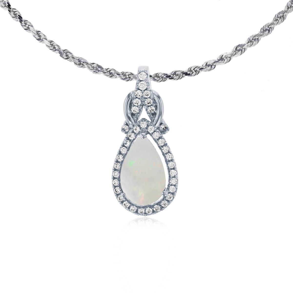 10K White Gold 8x5mm Pear Cut Opal & 0.11 CTTW Rnd Diamond Knot 18" Rope Chain Necklace