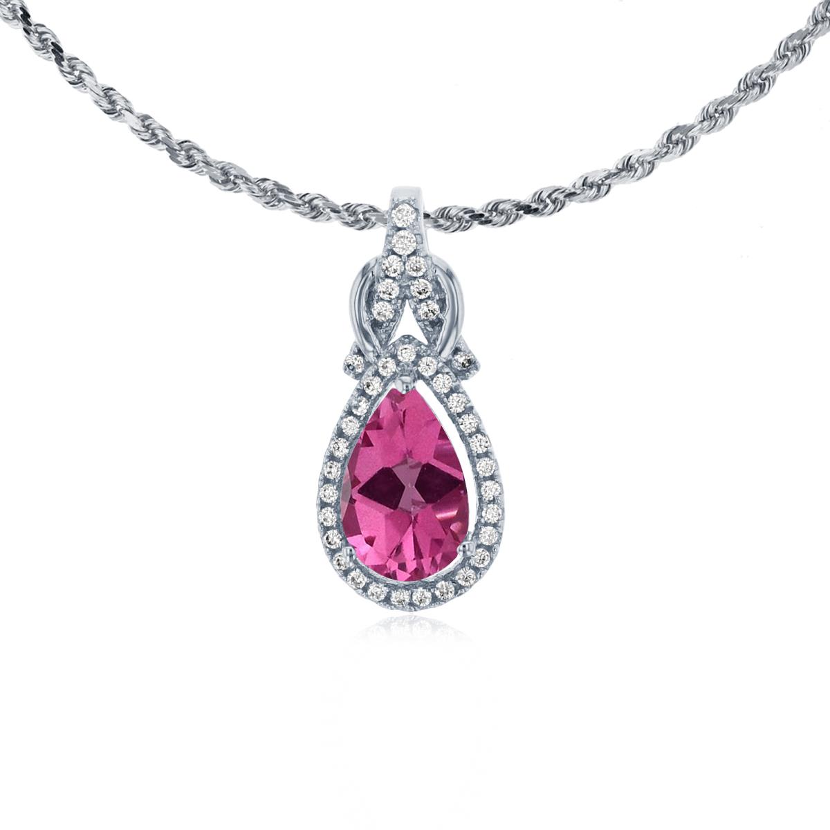 10K White Gold 8x5mm Pear Cut Pure Pink & 0.11 CTTW Rnd Diamond Knot 18" Rope Chain Necklace