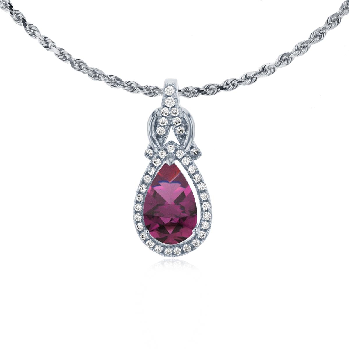 10K White Gold 8x5mm Pear Cut Rhodolite & 0.11 CTTW Rnd Diamond Knot 18" Rope Chain Necklace