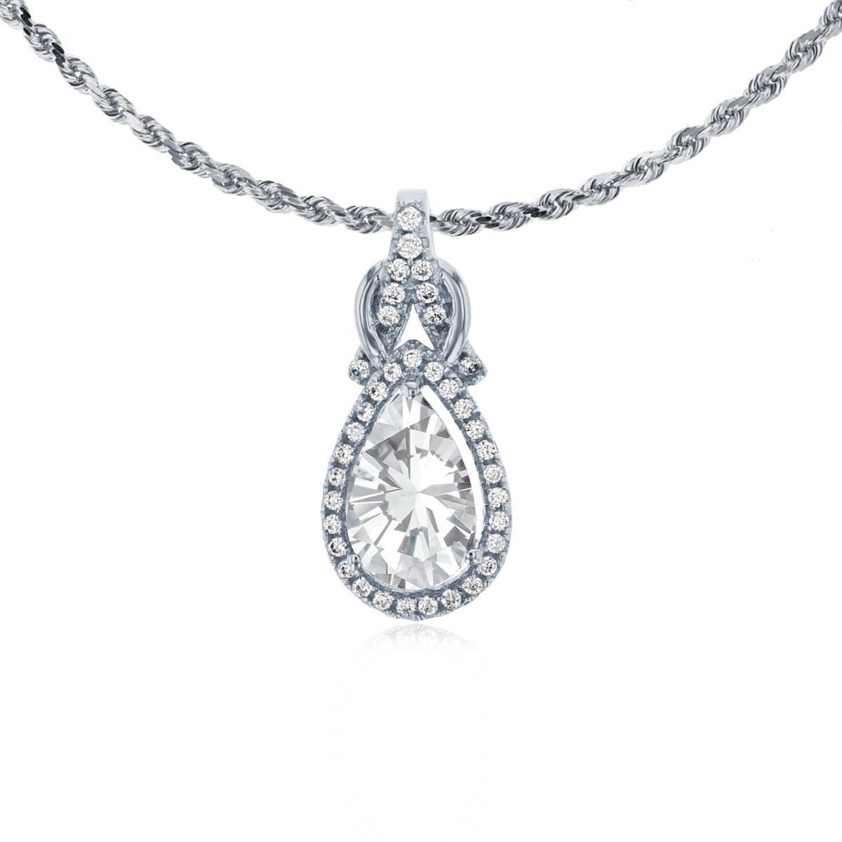 10K White Gold 8x5mm Pear Cut White Topaz & 0.11 CTTW Rnd Diamond Knot 18" Rope Chain Necklace