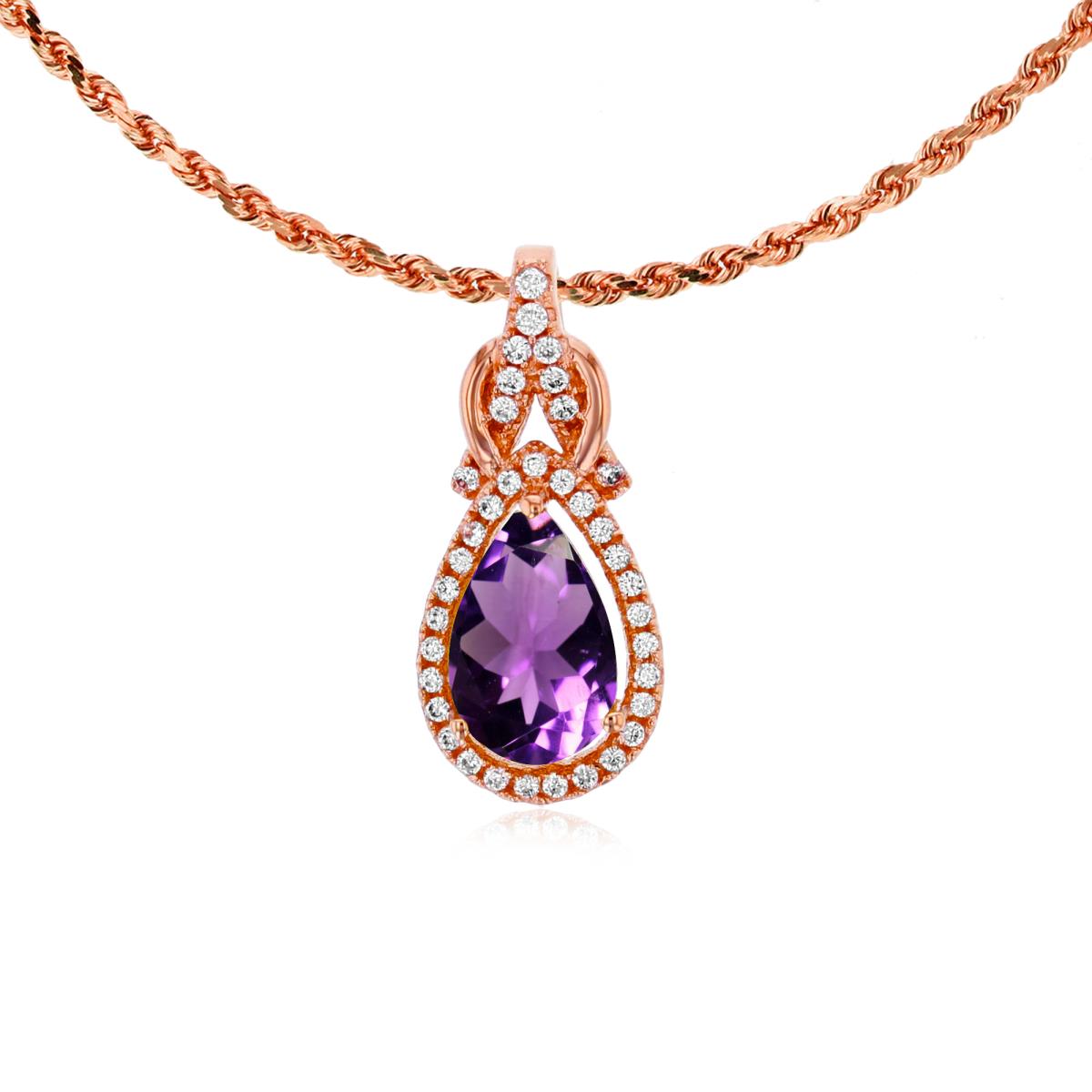 10K Rose Gold 8x5mm Pear Cut Amethyst & 0.11 CTTW Rnd Diamond Knot 18" Rope Chain Necklace