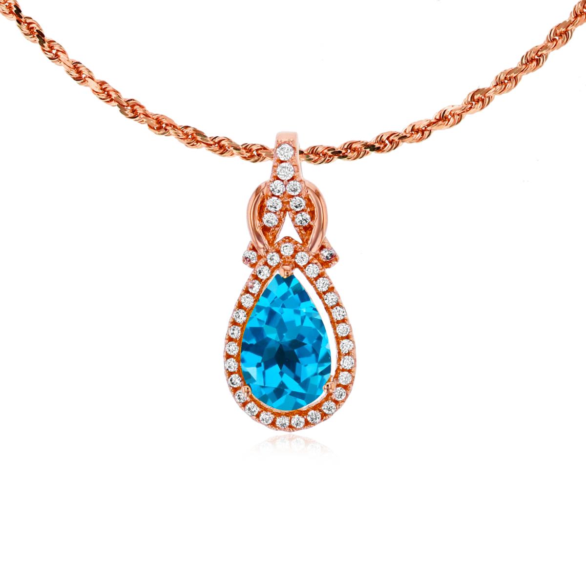 10K Rose Gold 8x5mm Pear Cut Swiss Blue Topaz & 0.11 CTTW Rnd Diamond Knot 18" Rope Chain Necklace